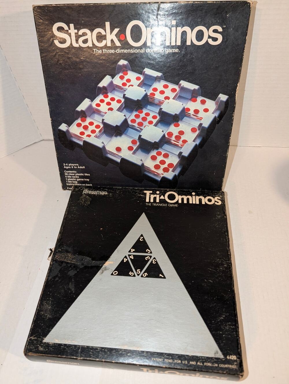 Vintage 1968 Pressman Tri-Ominos & 1978 Stack-Ominos Board Games Complete